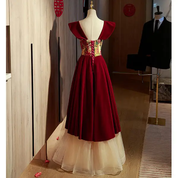 Vintage / Retro Burgundy Suede Printing Prom Dresses 2022 A-Line / Princess Square Neckline Short Sleeve Backless Floor-Length / Long Prom Formal Dresses