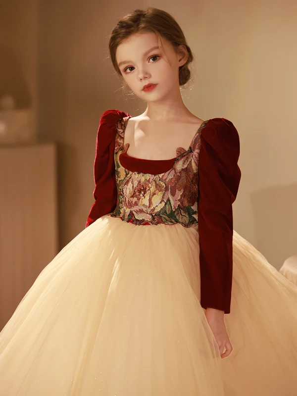 Chic / Beautiful Burgundy Printing Birthday Flower Girl Dresses 2024 Ball Gown Square Neckline Long Sleeve Backless Tea-length