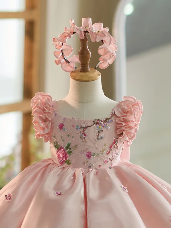 Lovely Candy Pink Sequins Short Birthday Flower Girl Dresses 2024 Ball Gown Scoop Neck Ruffle Short Sleeve Bow