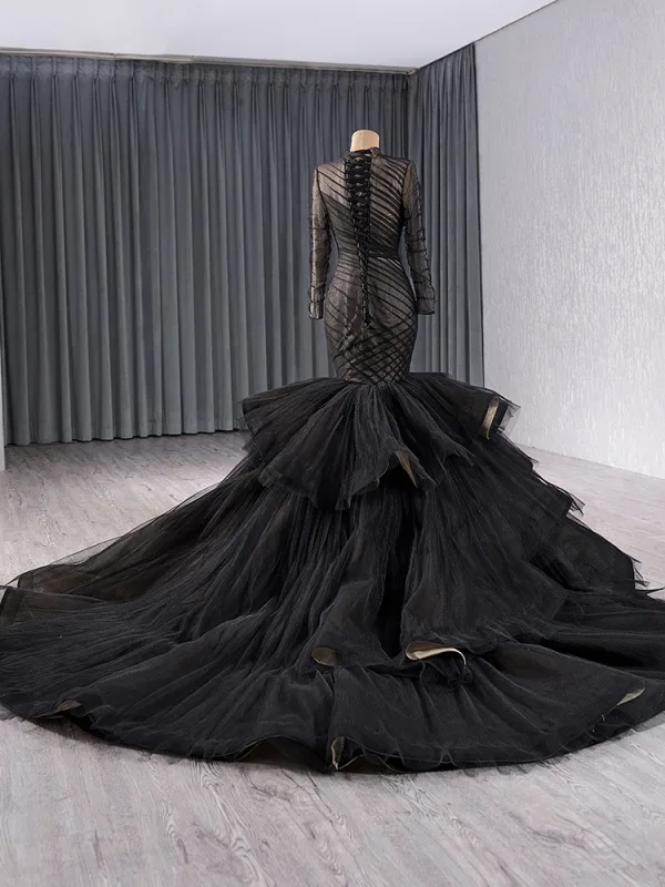 Musulmane Haut de Gamme Noire Trompette / Sirène Volants en Cascade Robe De Mariée 2024 Col Haut Manches Longues Chapel Train