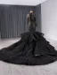 Musulmane Haut de Gamme Noire Trompette / Sirène Volants en Cascade Robe De Mariée 2024 Col Haut Manches Longues Chapel Train
