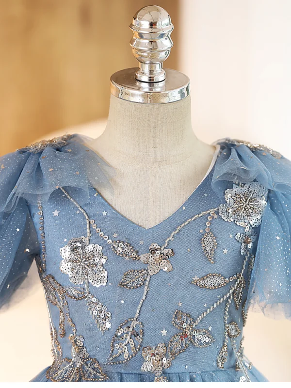Fashion Sky Blue Beading Star Sequins Birthday Flower Girl Dresses 2023 Ball Gown V-Neck Short Sleeve Backless Floor-Length / Long Flower Girl Dresses