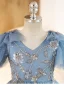 Fashion Sky Blue Beading Star Sequins Birthday Flower Girl Dresses 2023 Ball Gown V-Neck Short Sleeve Backless Floor-Length / Long Flower Girl Dresses