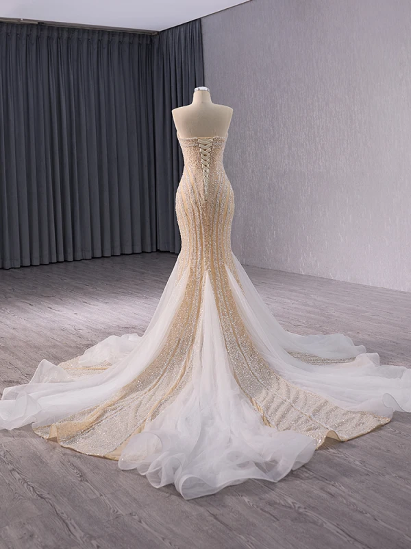 Sparkly High-end Champagne Handmade  Beading Pearl Sequins Evening Dresses 2024 Trumpet / Mermaid Strapless Sleeveless Backless Floor-Length / Long Evening Party