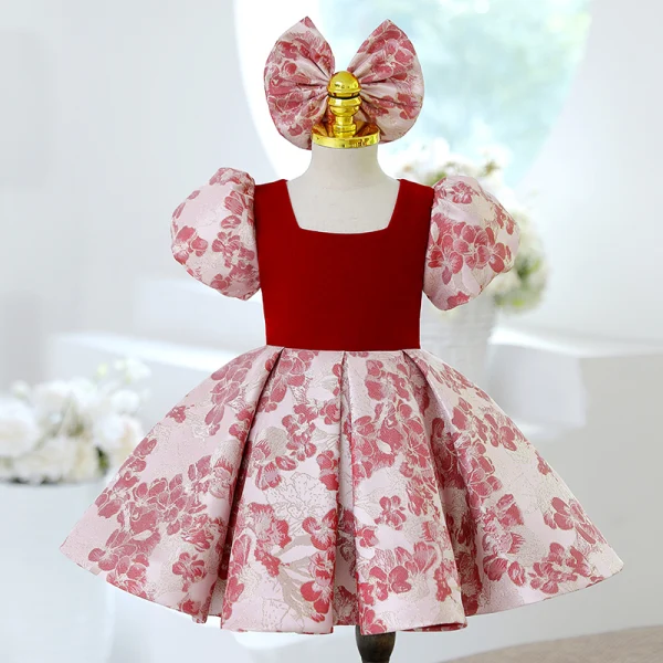 Elegant Burgundy Floral Short Flower Girl Dresses 2022 Ball Gown Square Neckline Short