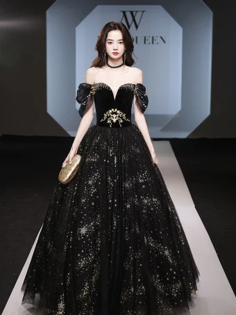 Charmant Noire Doré Perlage Perle Paillettes Robe De Bal 2024 Robe Boule De L Épaule Manches Courtes Dos Nu Longue Promo Robe De Ceremonie