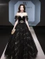 Charming Black Gold Beading Pearl Sequins Prom Dresses 2024 Ball Gown Off-The-Shoulder Short Sleeve Backless Floor-Length / Long Prom Formal Dresses