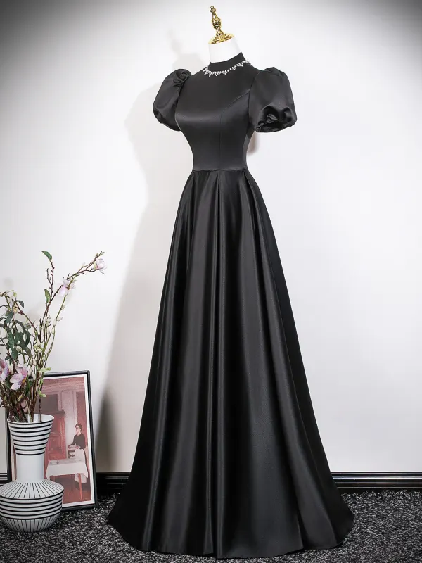 Audrey Hepburn-Stil Schwarz Ballkleider 2026 A Linie Stehkragen Geschwollenes Kurze Ärmel Rückenfreies Lange Festliche Kleider