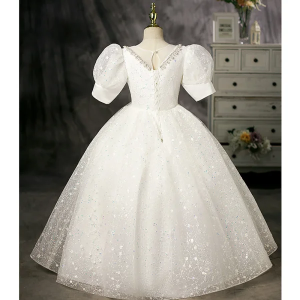Bling Bling Ivory Pearl Sequins Birthday Flower Girl Dresses 2022 Ball Gown Scoop Neck Puffy Short Sleeve Floor-Length / Long Flower Girl Dresses