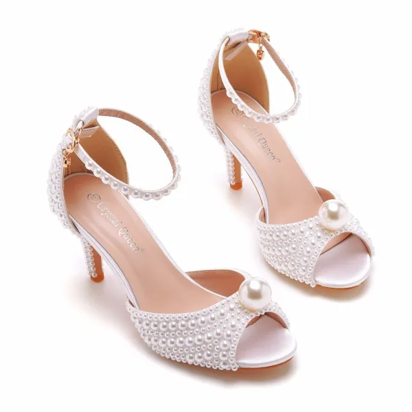Elegant White Pearl Ankle Strap Wedding Shoes 2025 7 cm Stiletto Heels Open / Peep Toe Wedding Sandals High Heels