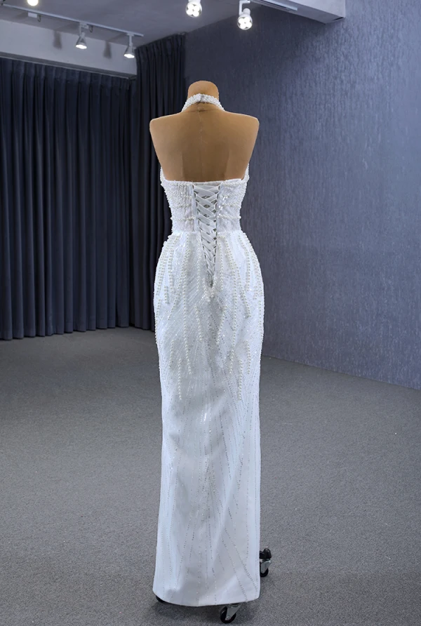 Luxury / Gorgeous White Handmade  Beading Pearl Sequins Wedding Dresses 2023 Ball Gown Halter Sleeveless Backless Floor-Length / Long Wedding