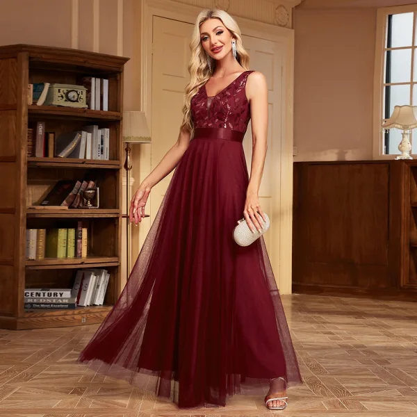 Chic / Beautiful Ocean Blue Lace Flower Sequins Evening Dresses 2024 A-Line / Princess V-Neck Sleeveless Backless Floor-Length / Long Evening Party Formal Dresses