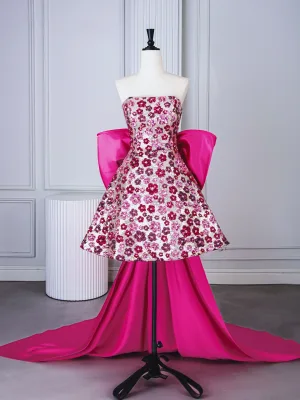 Sexy Fuchsia Paljetter Blomst Aften Fest Festkjoler 2025 Ballkjole Strapless Uten Ermer Ryggløse Sløyfe Knelengde Formelle Kjoler