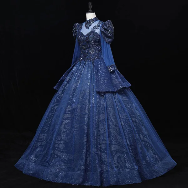 Vintage / Originale Bleu Marine Perlage Paillettes En Dentelle Fleur Robe De Bal 2023 Robe Boule Col Haut 3/4 Manches Longue Promo Robe De Ceremonie