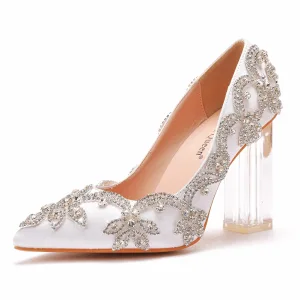 Charmant Witte Kristal Bruidsschoenen 2022 9 Cm Dikke Hak Rhinestone Spitse Neus Huwelijk Pumps Hoge Hakken