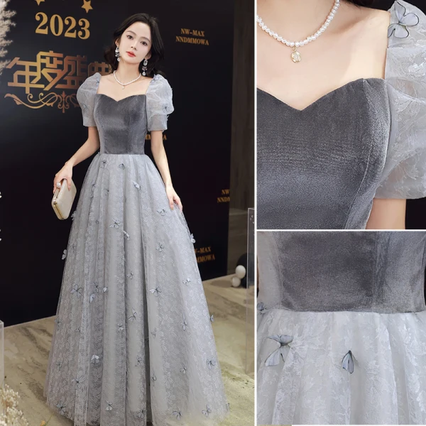Chic / Beautiful Grey Butterfly Appliques Evening Dresses 2023 A-Line / Princess Square Neckline Short Sleeve Backless Floor-Length / Long Evening Party Formal Dresses