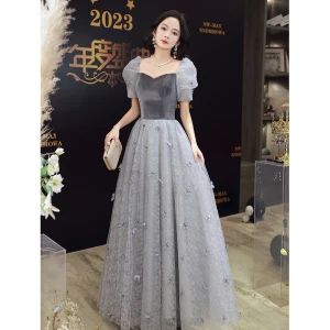 Chic Beautiful Grey Butterfly Appliques Evening Dresses 2023 A Line Princess Square Neckline Short Sleeve Backless Floor Length Long Evening Party Formal Dresses