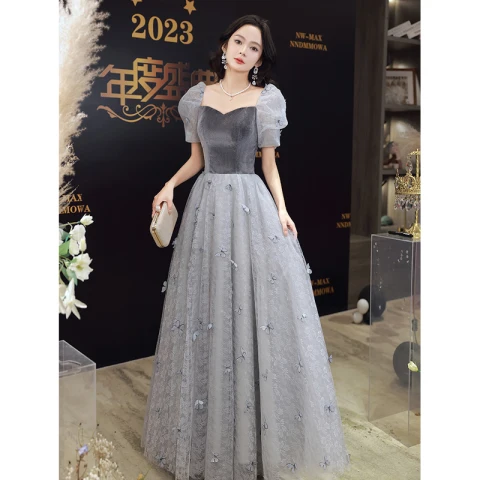 Chic / Belle Gris Papillon Appliques Robe De Soirée 2023 Princesse Encolure Carrée Manches Courtes Dos Nu Longue Soirée Robe De Ceremonie