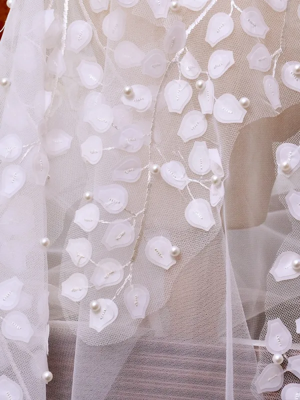 Vintage / Originale Blanche Perle Feuille 1.5 m Voile De Mariée 2025 Tulle