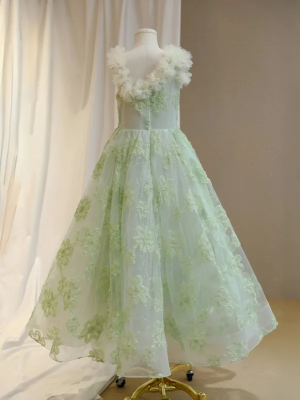 Modest / Simple Sage Green Appliques Birthday Flower Girl Dresses 2024 A-Line / Princess Scoop Neck Sleeveless Backless Floor-Length / Long Tulle