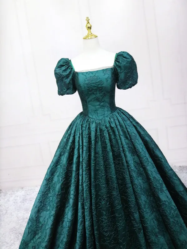 Vintage / Retro Dark Green Printing Prom Dresses 2025 Ball Gown Square Neckline Puffy Short Sleeve Backless Floor-Length / Long Prom Formal Dresses