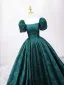 Vintage / Retro Dark Green Printing Prom Dresses 2025 Ball Gown Square Neckline Puffy Short Sleeve Backless Floor-Length / Long Prom Formal Dresses