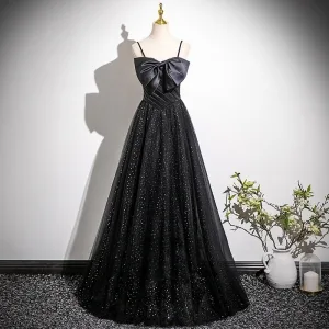 Charmant Noire Paillettes Robe De Bal 2025 Princesse Bretelles Spaghetti Noeud Sans Manches Dos Nu Longue Robe De Ceremonie