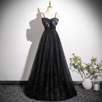 Charmant Noire Paillettes Robe De Bal 2025 Princesse Bretelles Spaghetti Noeud Sans Manches Dos Nu Longue Robe De Ceremonie