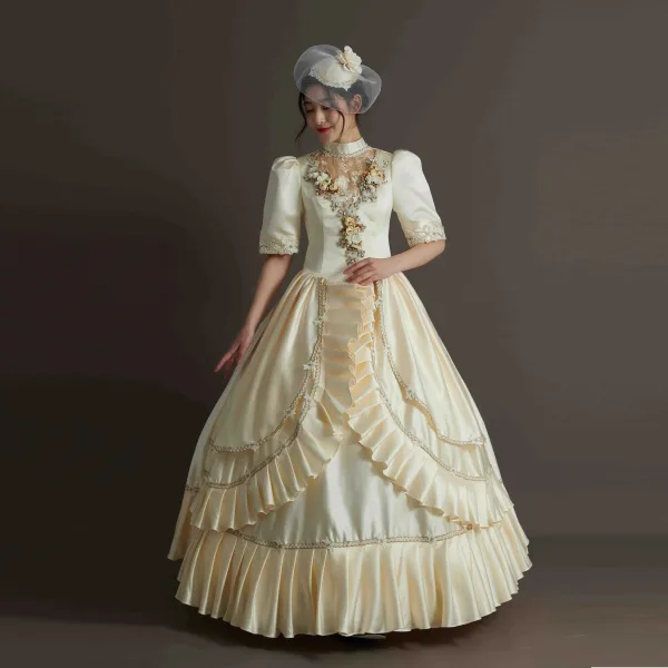 Vintage / Retro Medieval Clover Green Prom Dresses 2024 3D Lace Pearl Embroidered Floral Floor-Length / Long High Neck 1/2 Sleeves A-Line / Princess Cosplay Ball Gown Prom