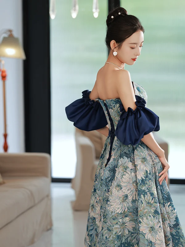 Vintage / Retro Ocean Blue Printing Prom Dresses 2022 A-Line / Princess Strapless Short Sleeve Backless Sash Floor-Length / Long Formal Dresses