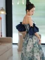 Vintage / Retro Ocean Blue Printing Prom Dresses 2022 A-Line / Princess Strapless Short Sleeve Backless Sash Floor-Length / Long Formal Dresses