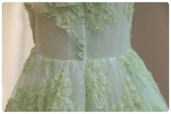 Modest / Simple Sage Green Appliques Birthday Flower Girl Dresses 2024 A-Line / Princess Scoop Neck Sleeveless Backless Floor-Length / Long Tulle