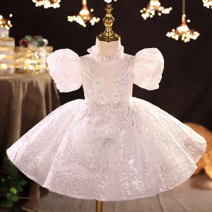 Charmant Blanche Perlage Paillettes Faux Diamant En Dentelle Fleur Promo Robe Ceremonie Fille 2022 Robe Boule Col Haut Gonflée Manches Courtes Longue Robe Ceremonie Fille