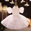 Charming White Beading Sequins Rhinestone Lace Flower Prom Flower Girl Dresses 2022 Ball Gown High Neck Puffy Short Sleeve Floor-Length / Long Flower Girl Dresses
