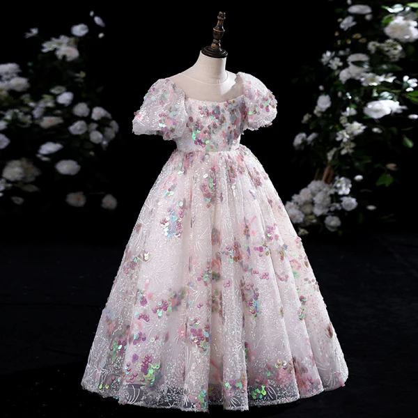 Chic / Beautiful Blushing Pink Prom Flower Girl Dresses Ball Gown 2022 Scoop Neck Beading Multi-Colors Sequins Puffy Short Sleeve Floor-Length / Long Flower Girl Dresses