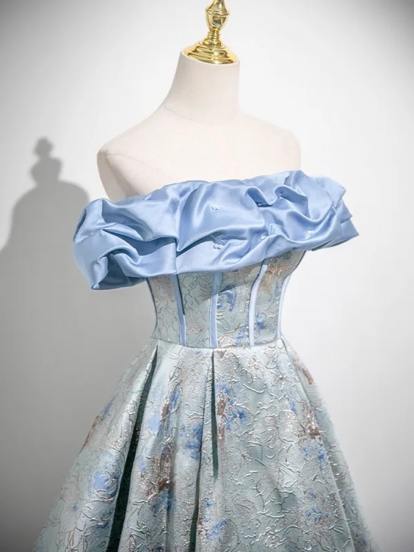 Chic / Beautiful Sky Blue Printing Prom Dresses 2025 A-Line / Princess Off-The-Shoulder Short Sleeve Backless Floor-Length / Long Formal Dresses