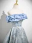 Chic / Beautiful Sky Blue Printing Prom Dresses 2025 A-Line / Princess Off-The-Shoulder Short Sleeve Backless Floor-Length / Long Formal Dresses
