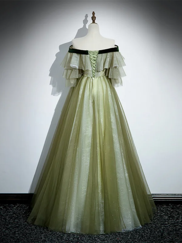 Fashion Sage Green Sequins Pleated Prom Dresses 2023 A-Line / Princess Off-The-Shoulder Bow Short Sleeve Backless Floor-Length / Long Prom Formal Dresses