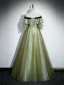 Fashion Sage Green Sequins Pleated Prom Dresses 2023 A-Line / Princess Off-The-Shoulder Bow Short Sleeve Backless Floor-Length / Long Prom Formal Dresses