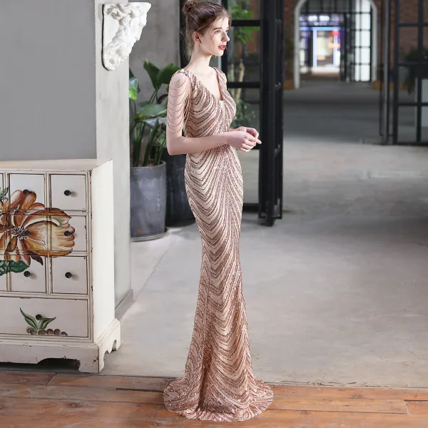 Charming White Beading Sequins Evening Dresses 2023 Trumpet / Mermaid V-Neck Sleeveless Backless Floor-Length / Long Evening Party Formal Dresses