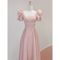 Hermoso Rosa Clara Vestidos de gala 2023 A-Line / Princess Escote Cuadrado Rebordear Perla Hinchado Manga Corta Sin Espalda Largos Vestidos Formales