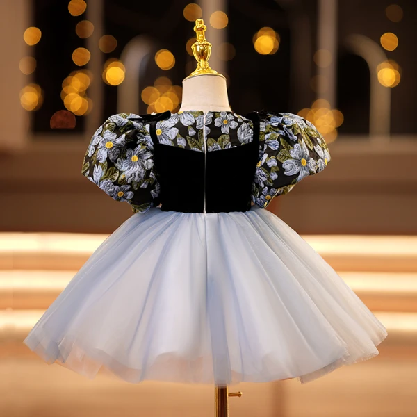 Chic / Belle Bleu Ciel Impression Courte Robe Ceremonie Fille 2022 Robe Boule Encolure Dégagée Gonflée Manches Courtes Faux Diamant Perle Promo Robe Ceremonie Fille