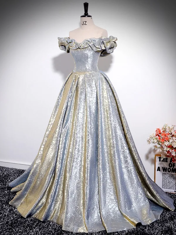 Mode Argenté Glitter Robe De Ceremonie 2024 Robe Boule De l'épaule Manches Courtes Dos Nu Longue Promo Robe De Bal