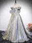 Mode Argenté Glitter Robe De Ceremonie 2024 Robe Boule De l'épaule Manches Courtes Dos Nu Longue Promo Robe De Bal
