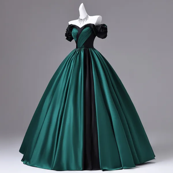 Vintage Dunkelgrün Ballkleider 2026 Ballkleid Off Shoulder Geschwollenes Kurze Ärmel Rückenfreies Lange Festliche Kleider