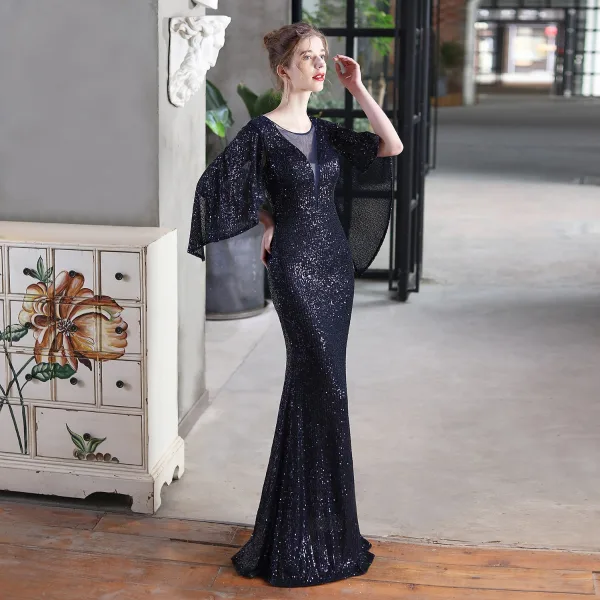 Sparkly Black Sequins Evening Dresses 2022 Trumpet / Mermaid Scoop Neck 1/2 Sleeves Floor-Length / Long Evening Party Formal Dresses