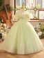 Chic / Beautiful Sage Green Sequins Birthday Flower Girl Dresses 2023 Ball Gown Ruffle Off-The-Shoulder Short Sleeve Backless Floor-Length / Long