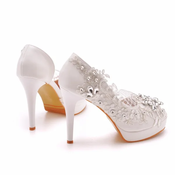 Charming White Rhinestone Lace Flower Wedding Shoes 2023 11 cm Stiletto Heels Open / Peep Toe Wedding Sandals High Heels