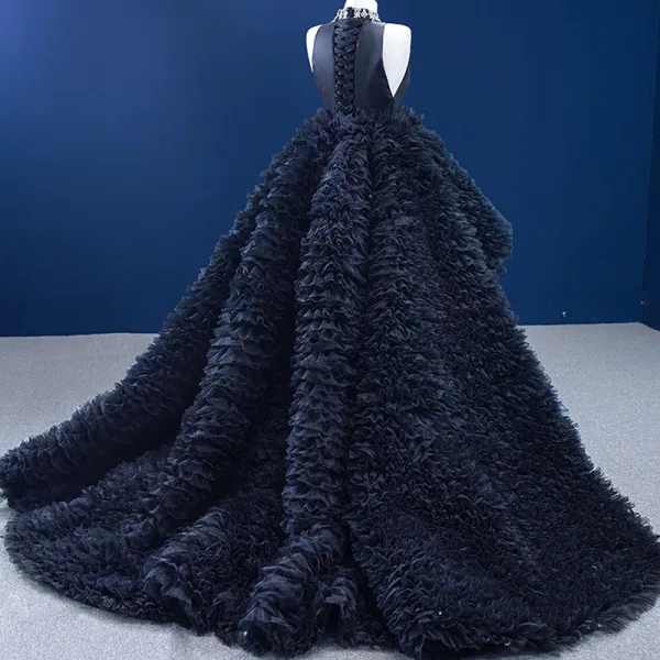 Luxury / Gorgeous Black Cascading Ruffles Prom Dresses 2022 Ball Gown High Neck Rhinestone Tassel Sleeveless Court Train Formal Dresses