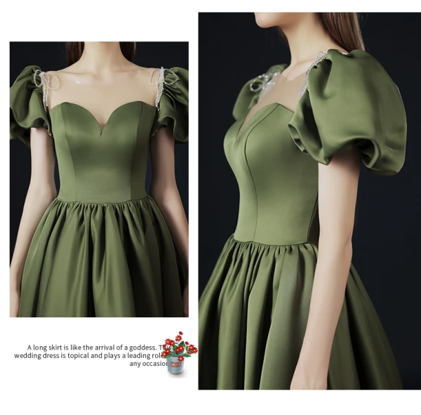 Vintage / Retro Olive Green Prom Dresses 2021 A-Line / Princess Short Sleeve Scoop Neck Crossed Straps Beading Pearl Ruffle Satin Floor-Length / Long Formal Dresses